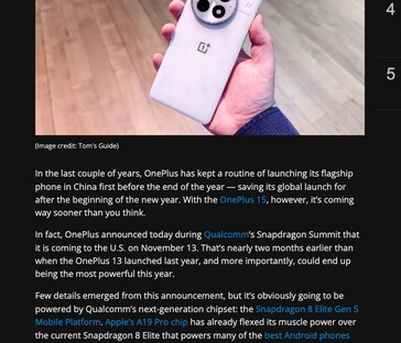 Tom's Guide informó inicialmente de un lanzamiento en EE.UU. el 13 de noviembre para el OnePlus 15, pero la mención ha sido eliminada desde entonces del artículo. (Fuente de la imagen: Tom's Guide)