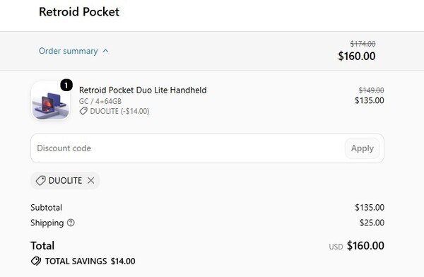 El código de descuento le permite ahorrar 14 dólares en el precio del Retroid Pocket Duo Lite.