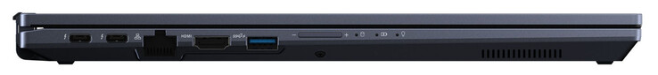 Lado izquierdo: 2x Thunderbolt 4 (USB-C; Power Delivery, Displayport), Gigabit Ethernet, HDMI, USB 3.2 Gen 2 (USB-A), control de volumen