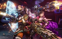 Los cazadores de bóvedas de Borderlands 4, espalda contra espalda en una batalla con las armas en ristre