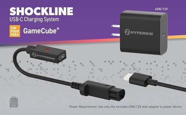 El kit Hyperkin Shockline para GameCube incluye un adaptador USB-C de 45 W.