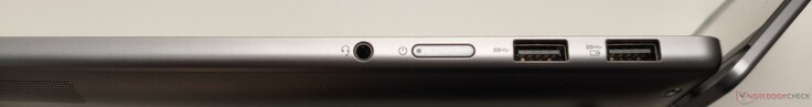 Lado derecho: toma de audio, botón de encendido, 2x USB-A 3.0