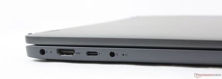 Izquierda: adaptador de CA, HDMI 1.4b, USB-C 3.2 Gen. 2 con Thunderbolt 4 + DisplayPort + Power Delivery, auriculares de 3,5 mm