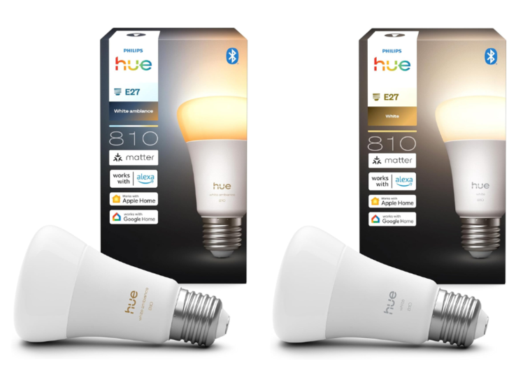 Las bombillas inteligentes Philips Hue A60 E27 White ambiance (izquierda) y White (derecha) 810. (Fuente de la imagen: Philips Hue)