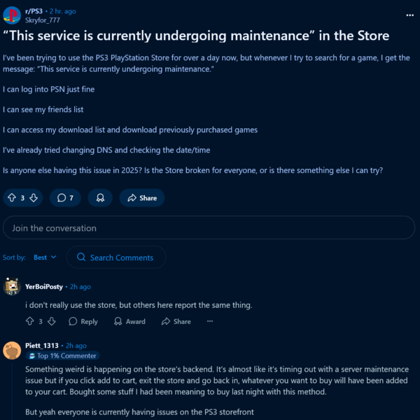 Publicación en Reddit sobre el tiempo de inactividad de la PlayStation Store de PS3 (Fuente de la imagen: captura de pantalla, subreddit de PlayStation 3)