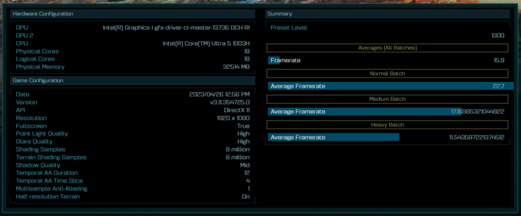 Intel Core Ultra 5 1003H en el benchmark Ashes of the Singularity. (Fuente: AoTS Benchmark)