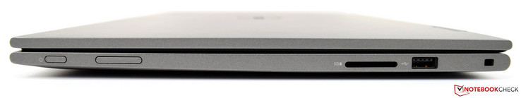 Derecha: botón de encendido, control de volumen, lector de tarjetas SD 3 en 1, USB 2.0, Noble lock