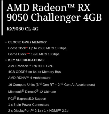 Captura de pantalla de la página de especificaciones de la RX 9050 Challenger de 4 GB