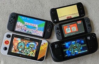 La Gamestation Go comparada en tamaño con la Switch 2, la Ayn Odin, la Switch 1 y la Steam Deck (de arriba a la izquierda y de abajo a la derecha, fuente de la imagen: Marc Zander, Notebookcheck)