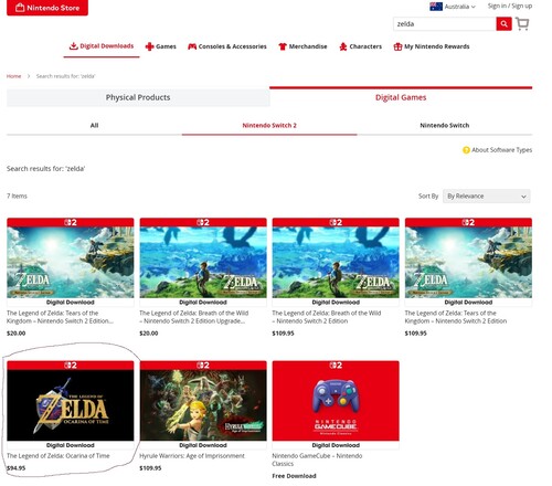 Precio de la nueva versión de «Zelda: Ocarina of Time» que aparece en la Tienda Nintendo de Australia