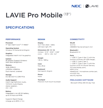 NEC Lavie Pro Mobile - Especificaciones. (Fuente de la imagen: Lenovo)