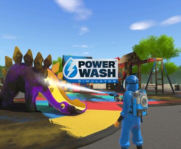 Un jugador en PowerWash Simulator limpiando un colorido tobogán de dinosaurios en un parque infantil utilizando una lavadora de alta presión. (Fuente de la imagen: Square Enix Collective)