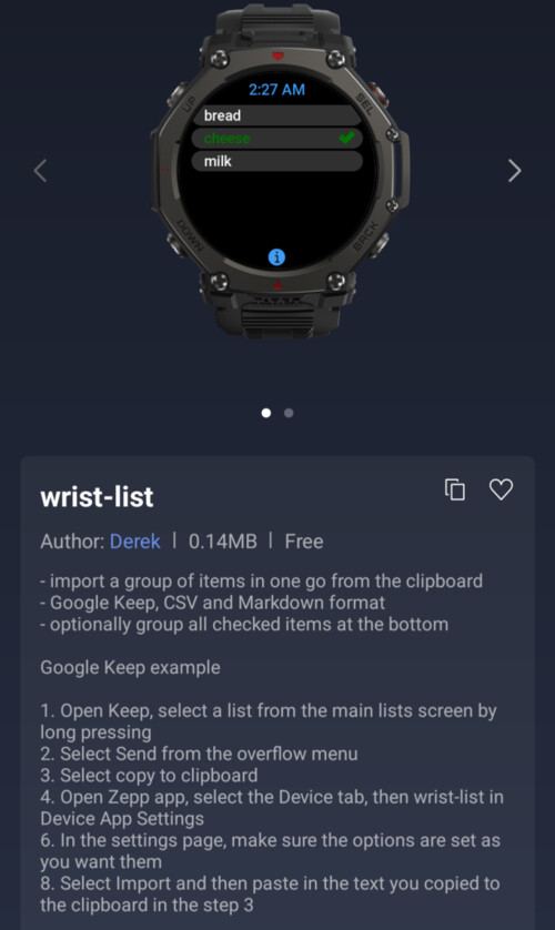 La miniapp de lista de pulsera para smartwatches Amazfit