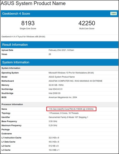 Intel Core i9-11900K. (Fuente de la imagen: Geekbench 4)