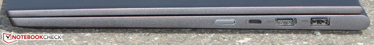 Lado derecho: botón de encendido, Thunderbolt 3 puertos, salida HDMI, puerto USB 3.1 Gen 1 (Tipo A)