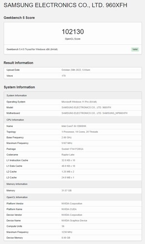 Supuesto Samsung Galaxy Book 3 Ultra con Core i9-13900HK y RTX 4070 en Geekbench OpenCL. (Fuente: Geekbench)