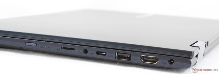 Derecha: Botón de encendido, lector MicroSD, audio combo de 3.5 mm, USB 3.2 Gen. 2 Tipo-C, USB 3.2 Gen. 2 Tipo-A, HDMI, adaptador AC