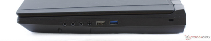 Derecha: Entrada de línea de 3,5 mm, micrófono, salida de línea, auriculares, USB-A 2.0, USB-A 3.1, bloqueo Kensington