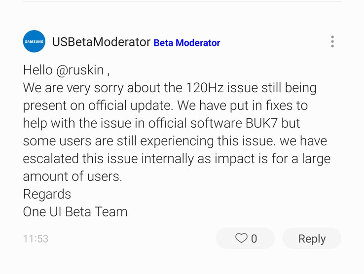 Un moderador del foro de Samsung habría respondido a la queja de un usuario de la serie S21 sobre el bug de One UI 4 120Hz. (Fuente: SamMobile)