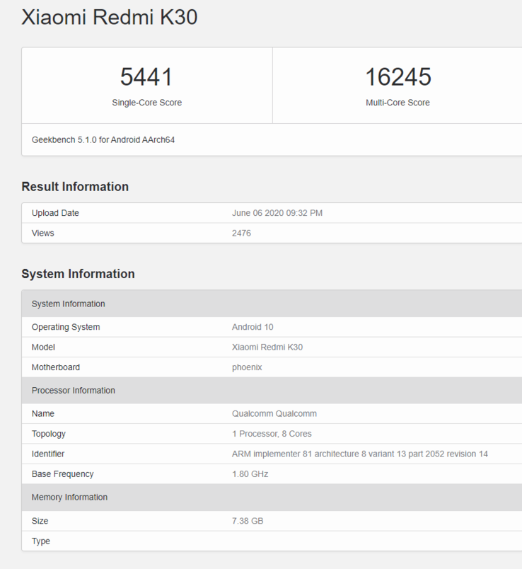 Anómalo Redmi K30 listado en Geekbench 5. (Fuente: Geekbench)