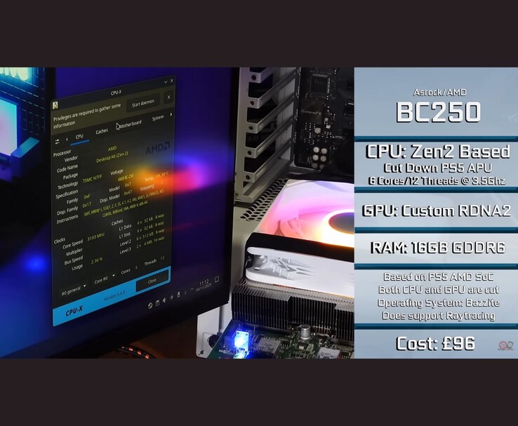 AMD BC250 funcionando en una configuración de sobremesa, mostrando las especificaciones del sistema. (Fuente de la imagen: Budget-Builds Official vía YouTube)