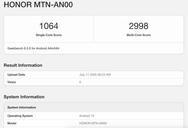 El listado de Geekbench 6 para el Honor X70 revela un potencial de rendimiento nada sorprendente. (Fuente de la imagen: Geekbench)