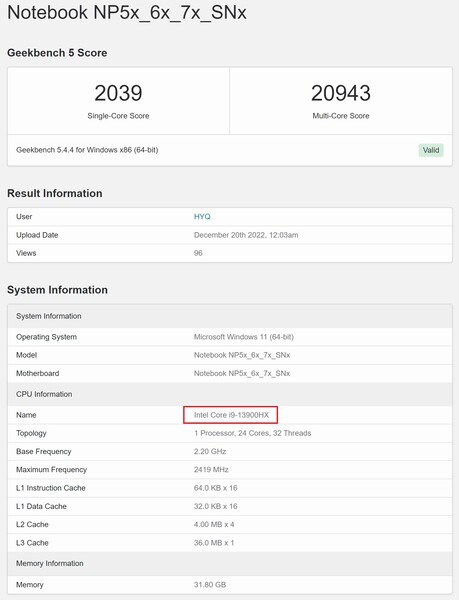 Intel Core i9-13900HX. (Fuente de la imagen: Geekbench)