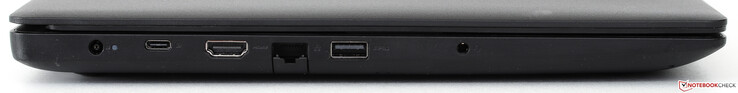 Lado izquierdo: alimentación, USB 3.1 tipo C, HDMI 1.4, Ethernet (abatible), USB 3.0, auriculares/micrófono