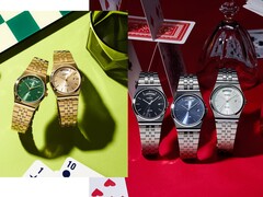 Imagen promocional de la colección MTP-B146 de Casio, que incluye relojes de acero inoxidable en tonos plateado y dorado con esferas negras, azul claro, verdes y color champán, cada uno de ellos con un indicador del día curvado situado en la posición de las 12 en punto.