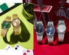 Imagen promocional de la colección MTP-B146 de Casio, que incluye relojes de acero inoxidable en tonos plateado y dorado con esferas negras, azul claro, verdes y color champán, cada uno de ellos con un indicador del día curvado situado en la posición de las 12 en punto.