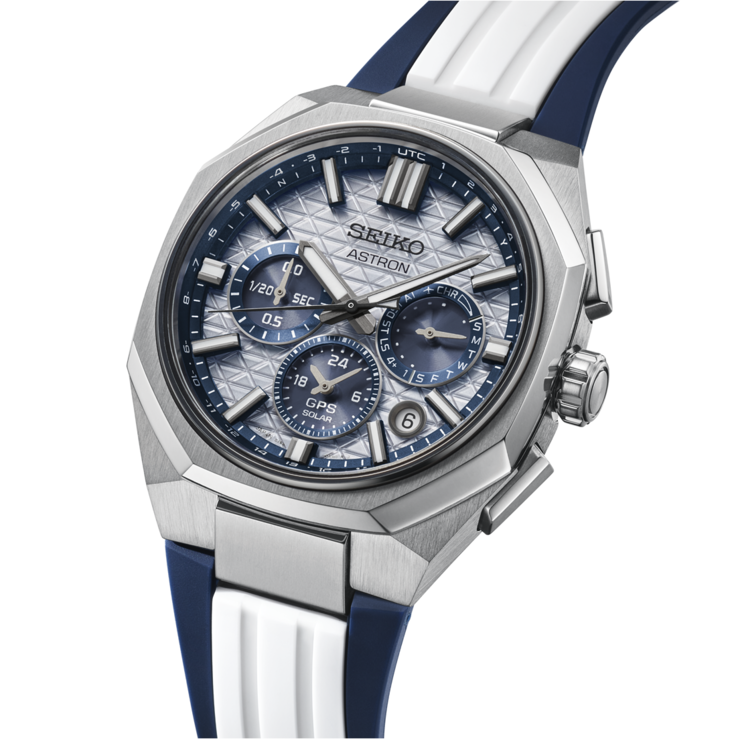 El HAB004 se entrega tanto con un brazalete de titanio como con una exclusiva correa de silicona azul y blanca.