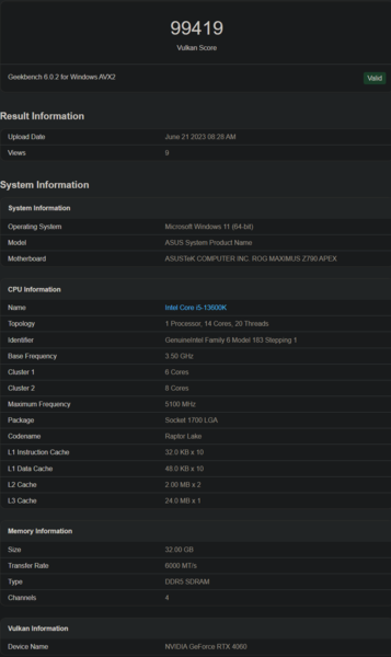Nvidia GeForce Rendimiento de RTX 4060 Vulkan (imagen vía Geekbench)