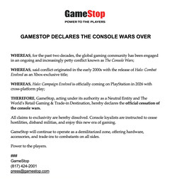 Una captura de pantalla de la declaración satírica de GameStop sobre X (fuente de la imagen: GameStop X)