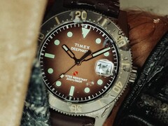 Reloj de buceo Huckberry x Timex Deepwater Reef 200 con esfera marrón, caja de acero inoxidable, bisel negro y correa marrón a juego.