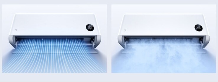 Una ilustración de la suave brisa del Xiaomi Mijia Air Conditioner Powerful Air Pro Ultimate Edition (derecha) en comparación con un modelo típico (izquierda)
