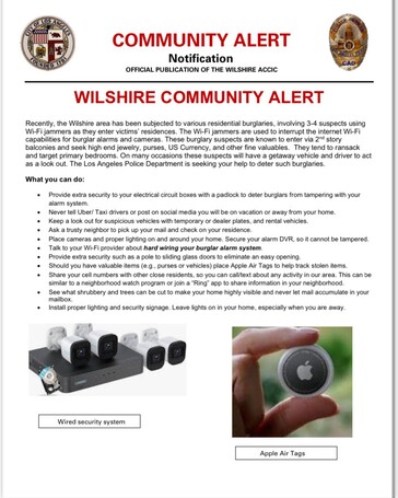 La policía de Los Ángeles advierte a los propietarios de viviendas sobre los ladrones que utilizan inhibidores de Wi-Fi para burlar fácilmente los sistemas de seguridad domésticos. (Fuente: LAPD on X)