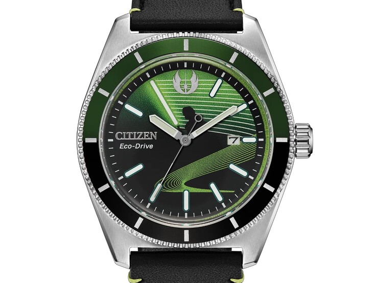 Reloj Citizen Luke Skywalker, Master Jedi AW1910-48W, con su esfera en negro y verde, la silueta de Luke Skywalker y un diseño inspirado en el sable láser verde.