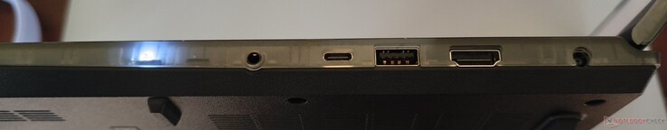 Lado derecho: Entrada/salida de línea, USB-C 3.1 (DP 1.4a, PD), USB-A 3.1, HDMI 2.1, entrada de CC