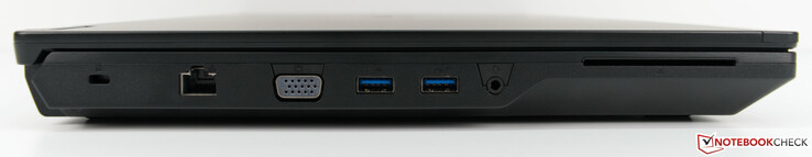 Lado izquierdo: Ranura de bloqueo Kensington, VGA, 2 x USB 3.0 Tipo A, conector combinado de auriculares y micrófono de 3.5 mm, lector de tarjetas inteligentes