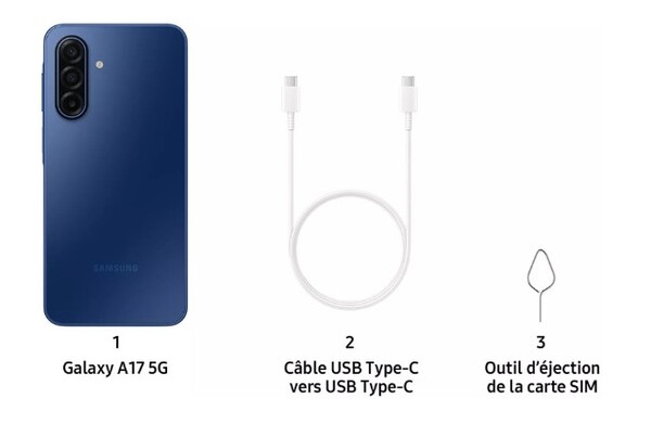 El Galaxy A17 5G vendrá únicamente con un cable USB-C y un eyector de SIM. (Fuente de la imagen: Samsung)