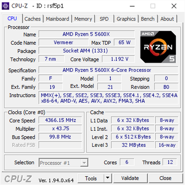 AMD Ryzen 5 5600X CPU-Z info. (Fuente: Validador CPU-Z)