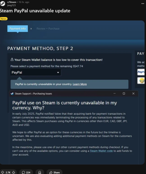 Mensaje del Soporte de Steam sobre el uso de PayPal durante el pago (Fuente de la imagen: captura de pantalla, subreddit de Steam)