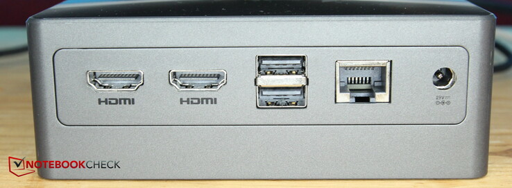 Parte trasera: 2x HDMI, 2x USB 2.0, LAN, alimentación