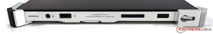 Lado derecho: 3,5 mm estéreo, USB-A 3.2 Gen.1, control de volumen, botón de encendido