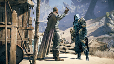 Una imagen en la que aparecen dos personajes de Atlas Fallen: Reign of Sand.