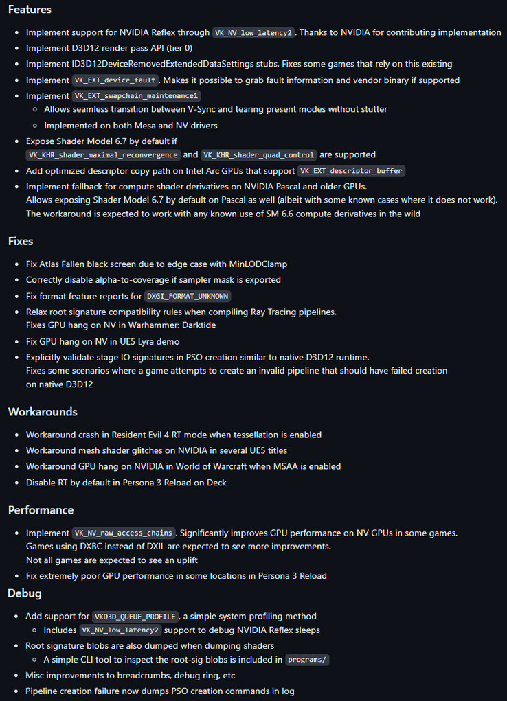 Lista de cambios completa de VKD3D-Proton 2.12 (Fuente de la imagen: GitHub)