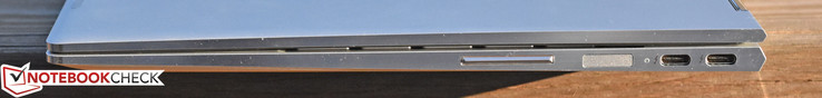 derecha: volumen, lector de huellas, puerto de carga/USB Type-C/Thunderbolt x 2