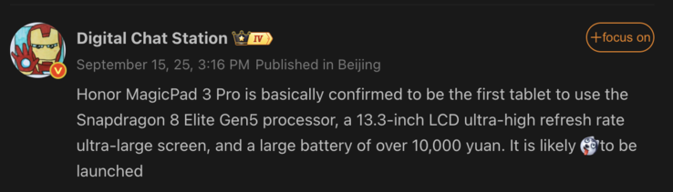 Detalles filtrados del Honor MagicPad 3 Pro. (Fuente de la imagen: Weibo - machine translated)