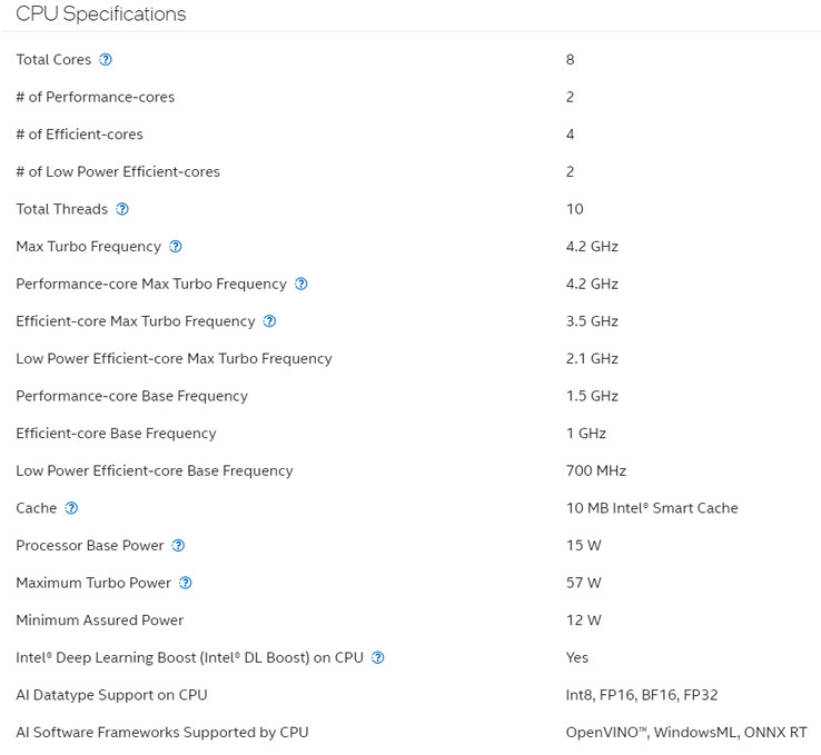 Especificaciones de la CPU (Fuente de la imagen: Intel)