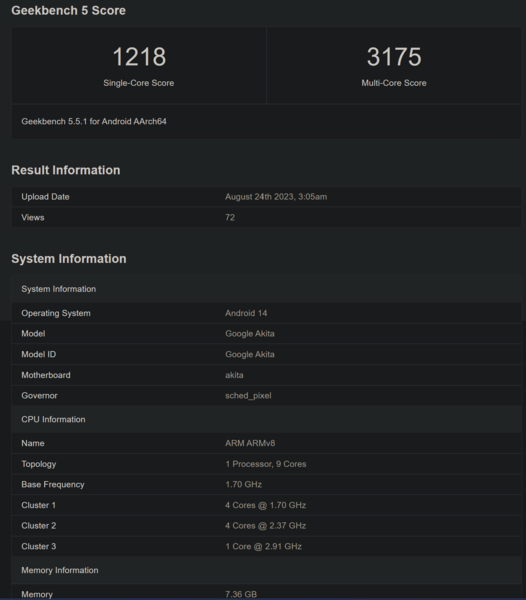 Listado del Google Pixel 8a en Geekbench (imagen vía Geekbench)